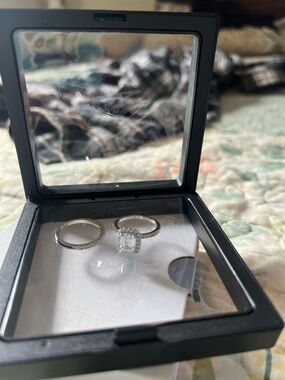 Emerald Cut Halo Engagement Ring with Matching Bands - Silver Tone